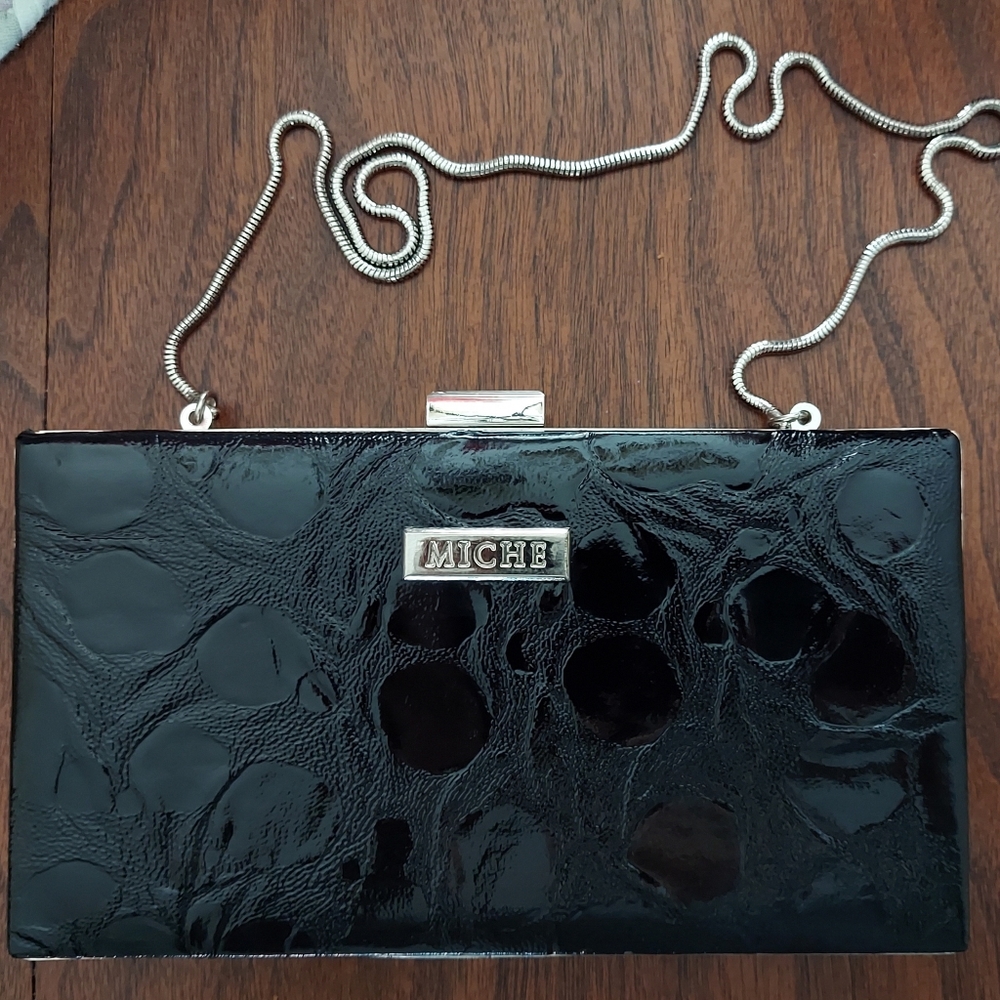 MICHE | NWOT Black Faux Leather Clutch with Coiled Metal Strap 7-1/2"x4"x1"